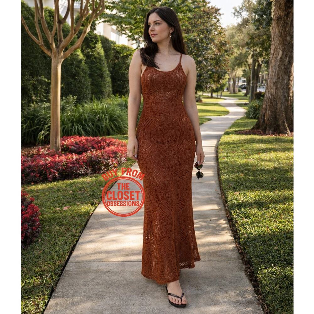 Mango Brown Knit Maxi Dress Bodycon Openwork Vacation NWT - Picture 11 of 16